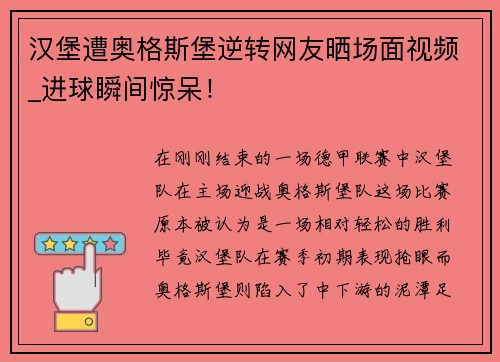 汉堡遭奥格斯堡逆转网友晒场面视频_进球瞬间惊呆！