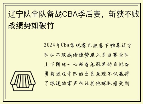 辽宁队全队备战CBA季后赛，斩获不败战绩势如破竹